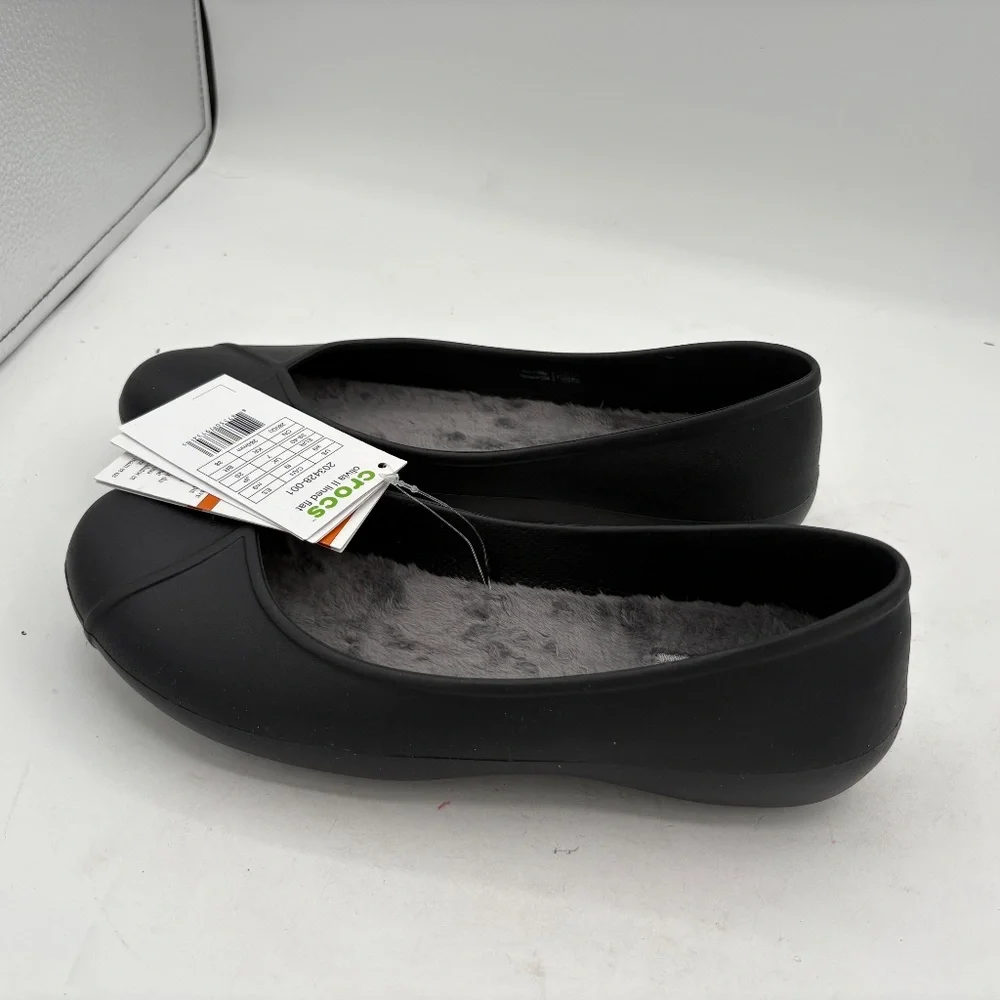 NWT Crocs Olivia II Ballet Flats Women's Size 9 Black Faux Fur Lined